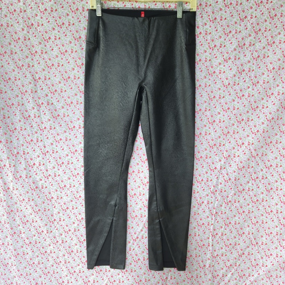 Spanx Black Faux Leather Leggings Petite Medium Front Split Hem Skinny Pants